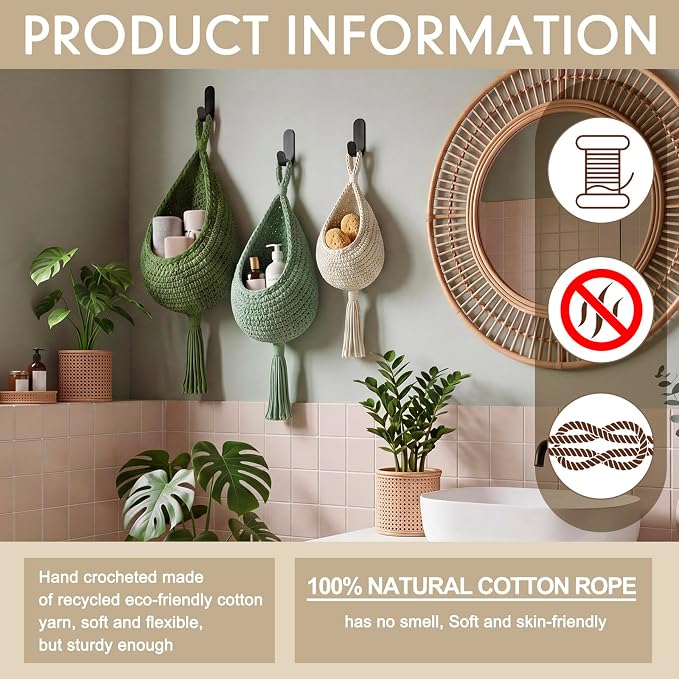 Honeydak 3 Hanging Baskets, Sage Color Palette, Tassel, Cotton Rope | Wicker Wall Baskets with Hooks for Fruit Vegetable Onion Storage, Teardrop Organizer for Kitchen, Boho Farmhouse Decor