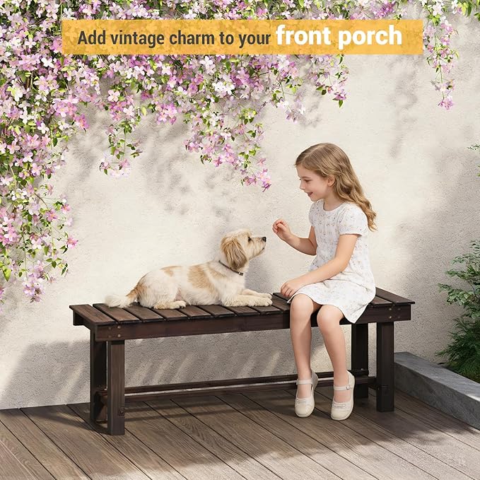 Wood Outdoor Garden Bench,3-Person Seat 47" Backless Bench, 100% Solid Fir Carbonized Weatherproof Patio Bench,Indoor Bathroom Seat Entryway Shoe Bench for Garden Porch Backyard Pool Balcony (Large)