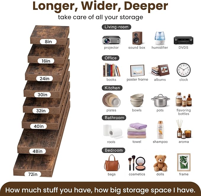 16x8in Floating Shelves 2 Pack, Wall Mount Display Shelf, Rustic Brown | Invisible Brackets, 18lb Sturdy MDF, 8in Deep Shelf, Easy Install, For Bedroom, Bathroom, Living Room, Kitchen & Office