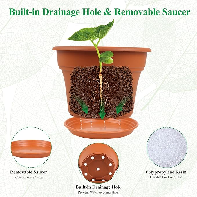 Pottiffe 13 Inch Plastic-Flower-Pot-for-Indoor-Plants, 4 Pack Large Outdoor Planter Pot with Drainage Holes & Saucers, Resin Decorative Garden Pots Planters