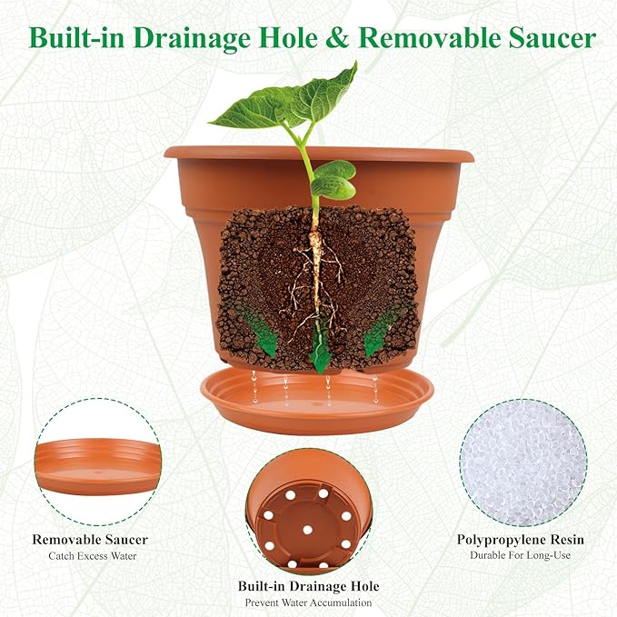 Pottiffe 8 Inch Plastic-Flower Pot-for-Indoor Plants, 4 Pack Large Outdoor Planter Pot with Drainage Holes & Saucers, Resin Decorative Garden Pots Planters