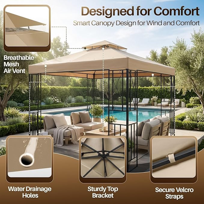 Flexzion Gazebo Cover Replacement Canopy Top 10x10 Ft (3m x 3m) - Double Tier Top Canopy Cover Replacement with UV30+, Dirt, Water Resistant for Outdoor, Sunshade, Garden, Patio, Pavilion (Beige)
