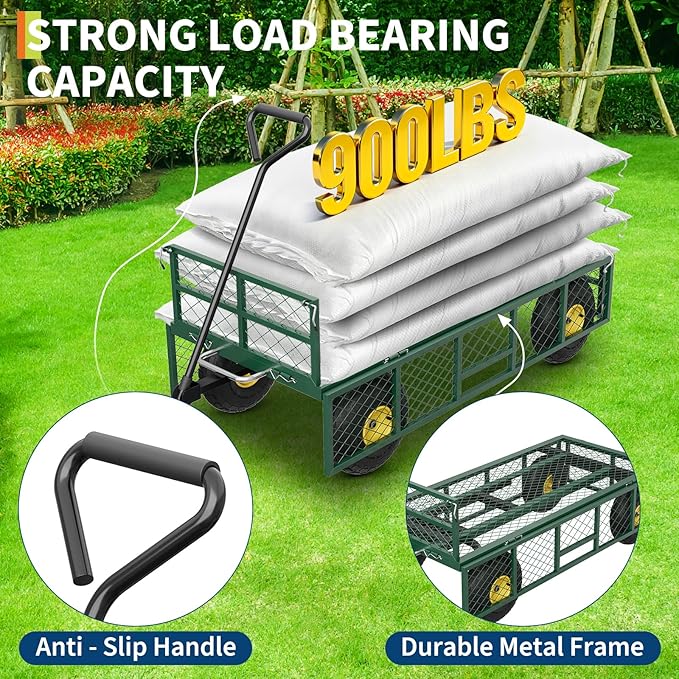 Garvee 900 lbs Steel Garden Dump Cart with Removable Sides, Convert to Flatbed, Heavy Duty Yard Cart with 180°Rotating Handle & 10" All Terrain Wheels, Utility Dump Wagon for Lawn Farm Backyard