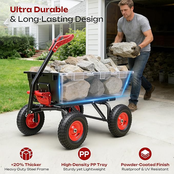 Autodaya 1200lbs Garden Dump Cart,7 Cu.Ft Utility Wagon Cart with Hitch,Heavy Duty Yard Dump Wagon Wheelbarrows with 13" All Terrain Wheels & 2-in-1 Handle,Tow Behind for Lawn Mower Tractor ATV
