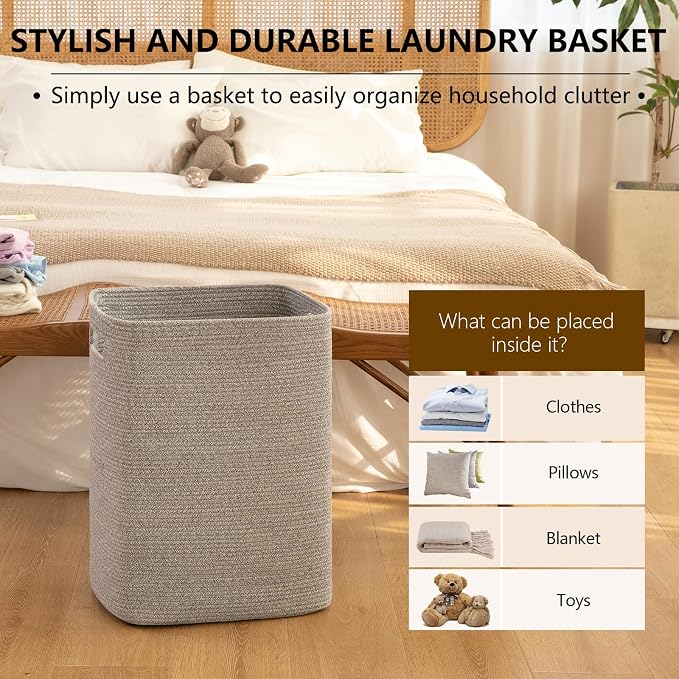 OIAHOMY Laundry Hamper Laundry Basket Rectangle Cotton Storage Basket Grey | 16x13x22in Woven Clothes Hamper with Handles, Large Blanket Basket for Living room, Decorative Storage bins for Toys,Pillows