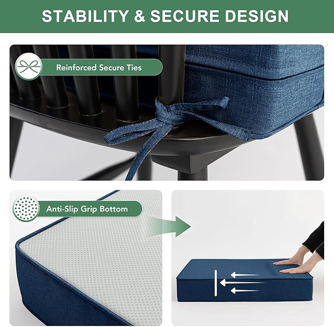 Summsun Outdoor Chair Cushions, Faux Linen Backrest and Seat Cushion Set for Patio Furniture with Weather Resistant Removable Cover, Straps, Non-Slip Bottom, 19 x 19 Inch, Navy, Set of 4