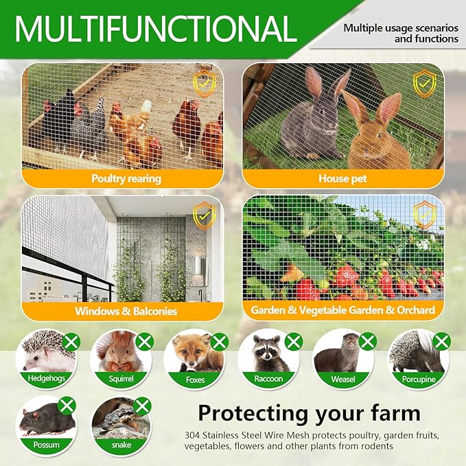 Hardware Cloth 1/4 inch 23 Gauge Small Size 304 Stainless Steel mesh Chicken Welded Wire Fencing Wire Mesh Roll Fencing Garden Fence Squirrel Tunnel Network 12in×10ft