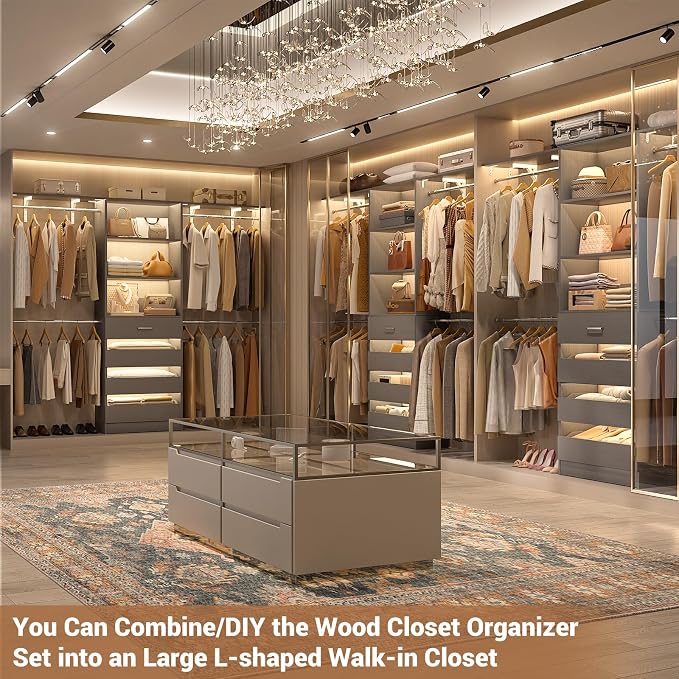 Aheaplus Closet System with 4 Drawers, 8FT Wood Closet Organizer System