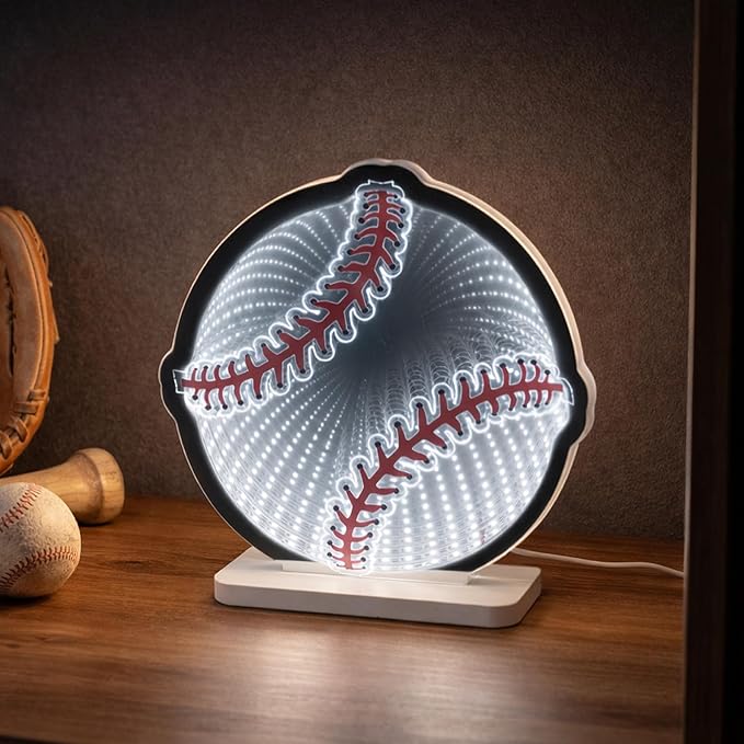 3D Baseball Infinity Mirror Light, 3D LED Infinity Mirror Night Light with Endless Stadium Tunnel Effect, USB Powered 3D LED Lights for Man Cave & Game Room Decor, Gift for Boys Men, 9.1"