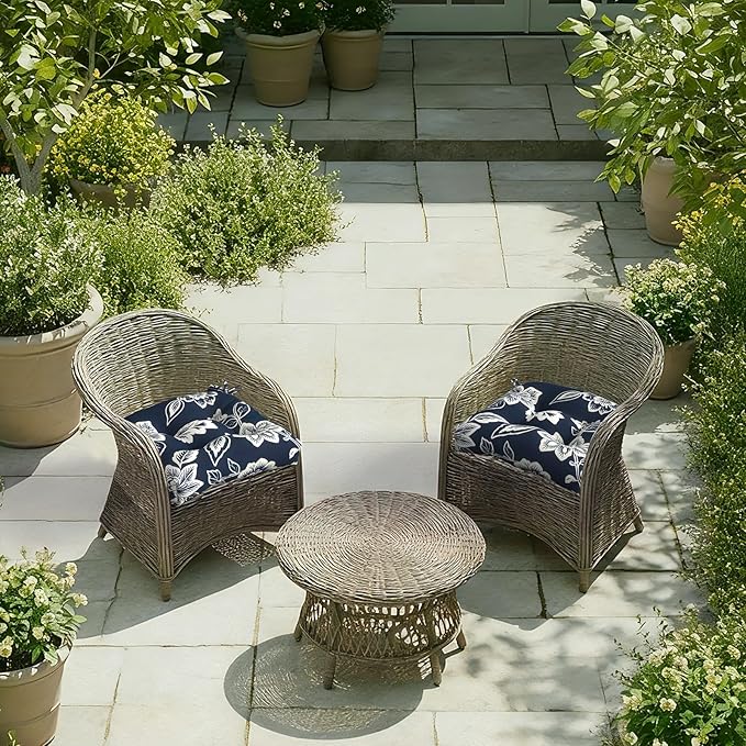 DYTXIII Set of 2 Outdoor Chair Cushions 19"x19"x4", Water Repellent Tufted Patio Seat Cushions with Ties, Thick Replacement Pads for Wicker Dining Chairs, Patio Furniture, Vines Navy