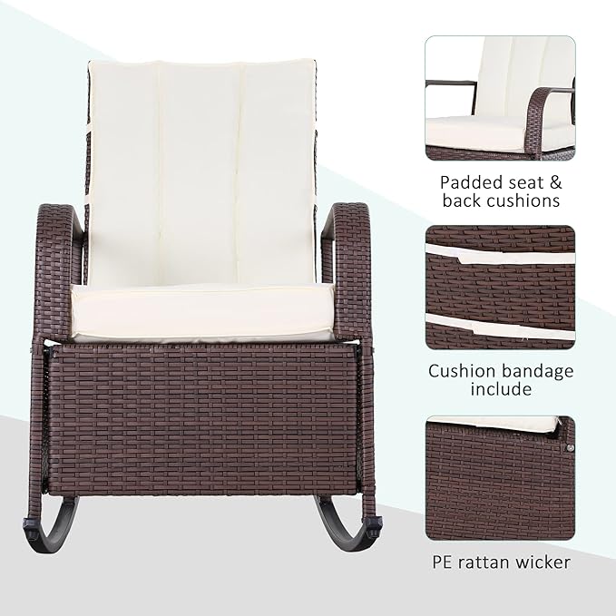 Outsunny Wicker Outdoor Rocking Chair, Patio Recliner with Adjustment Backrest, PE Rattan Lounge Chair with Adjustable Footrest and Cushions for Garden, Backyard, Porch, Beige