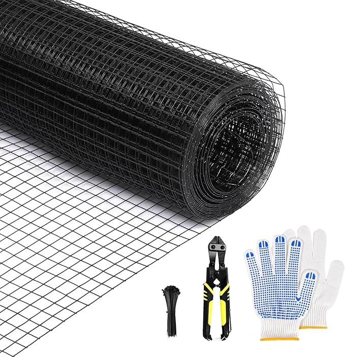 Black Hardware Cloth 24in x 50ft – 19 Gauge Vinyl Coated Steel Wire Mesh Roll, 1" Square Welded Fence for Chicken Coop, Garden Barrier, Animal Control, Outdoor Pet Enclosure, Rodent Proofing