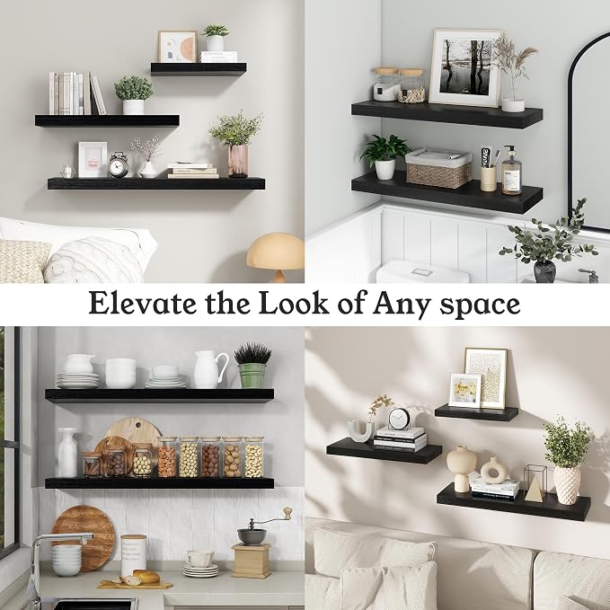 48" Black Floating Shelves Wood Wall Shelf, Black Color, Set of 1 | Wall Mounted Wood Shelves, For Bathroom, Bedroom, Living Room, Kitchen, Hanging Shelf for Books/Storage/Room Décor