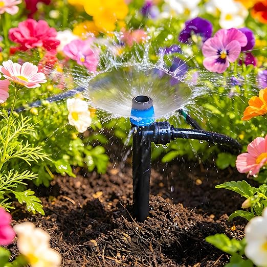 Push-to-Fit Drip Irrigation Vortex Emitters for 1/4" Drip Irrigation Tubing, 30 Pcs Adjustable 360 Degree Water Flow Fan Shape Drippers with Stake for 4/7mm Tube for Garden Watering System