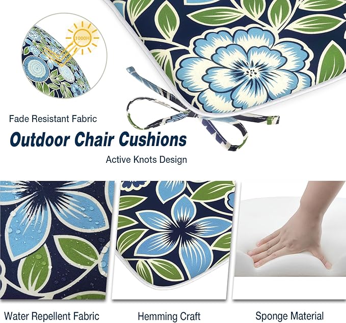 Outdoor Chair Cushions 16"x17" Set of 2, Water Resistant Patio Chair Pads with Ties, Seat Cushions for Home Garden Furniture Decoration, Azure Bloom
