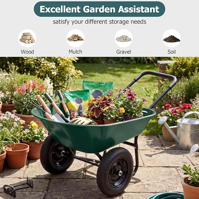 ERGOMASTER Dual-Wheel Wheelbarrow, Home Utility Garden Cart, 330 LBS Capacity, Large Heavy Duty Yard Cart for Gardening & Planting, Lawn, Farm, Construction Site, Green