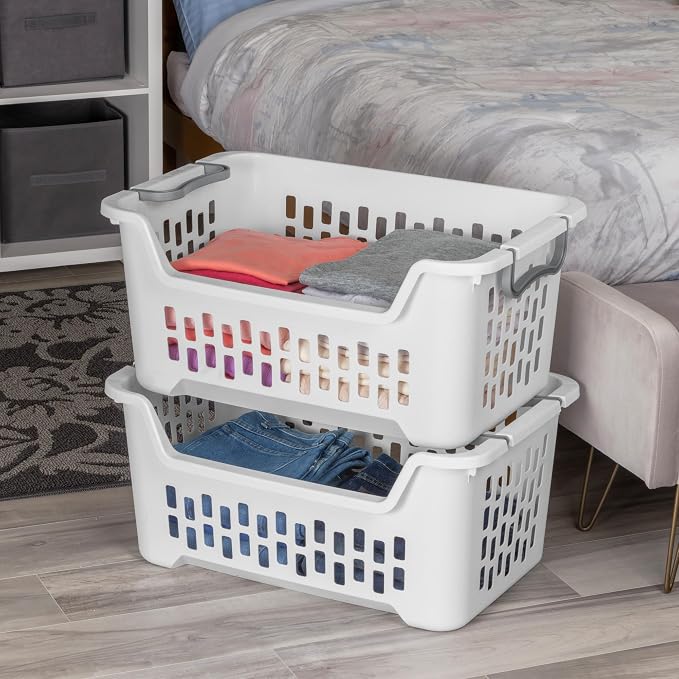 Sterilite 24 Pack Stacking Laundry Basket, 2 Bushel Clothes Hamper, White | Stackable Laundry Basket, Large Rectangular Storage Bin with Carrying Handles and Large 2 Bushel Capacity
