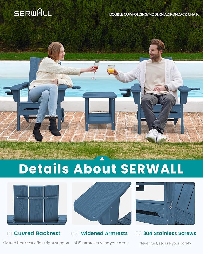 SERWALL Modern Folding Adirondack Chair Set of 4, HDPE Weather Resistant Outdoor Adirondack Chair with Dual Cup Holders, Patio Lawn Garden Chairs, Blue