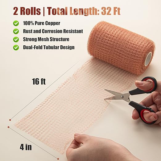 3rd Gen Copper Mesh Rodent Control Kit, 100% Pure Copper Wool for Slugs Snail Pest Bird Mice Rat Control, 2 Rolls Mesh Roll Wrap Wire with Scissors