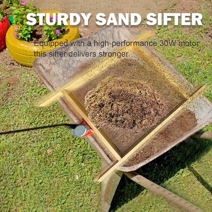 Vibrating Motor Soil Screen, Stainless Steel Mesh Sifter, Automatic Wooden Sifting Screen, Sieve for Sand Rocks Dirt Compost to Fit Most Garden Yard Wheelbarrow Carts