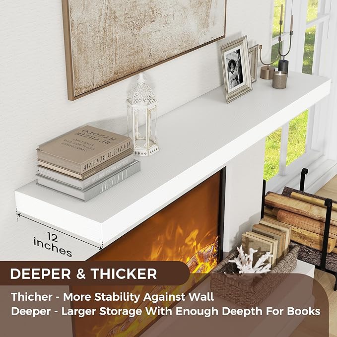 48 Inch Floating Shelves for Wall, 12"D Wood Storage Shelves, White Finish
