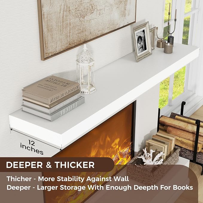 48 Inch Floating Shelves for Wall, 12"D Wood Storage Shelves, White Finish