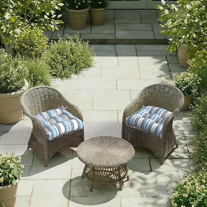 DYTXIII Set of 2 Outdoor Chair Cushions 19"x19"x4", Water Repellent Tufted Patio Seat Cushions with Ties, Thick Replacement Pads for Wicker Dining Chairs, Patio Furniture, Stripe Layered Blue