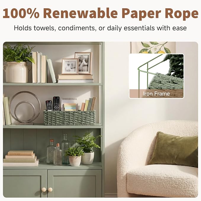 StorageWorks Wicker Toilet Basket Tank Topper for Sage Green Bathroom Decor | Paper Rope Toilet Paper Baskets with Built-in Handles, Small Wicker Bathroom Basket Organizer for tank top, countertop