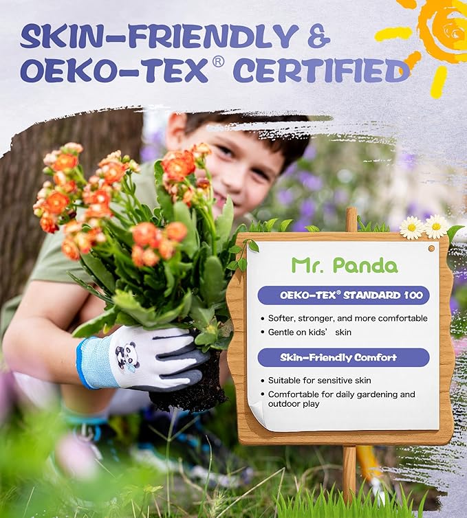 Mr. Panda 3 Pairs Skin-Friendly Big kids gardening gloves for Age 8-10, Rubber Coated childrens garden gloves, toddler work gloves, XS