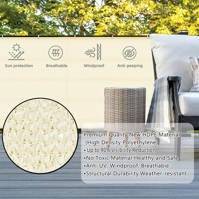 SUNLAX 3'x9' Butter Cream Balcony Privacy Screen Fence Windscreen Cover Fabric Shade Netting Mesh Cloth with Grommets UV Protection for Patio, Backyard, Porch, Railing Shield 90%
