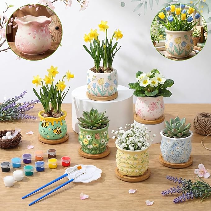 Leitee Flower Pots 3 Inch Paint Your Own Ceramic Pot Craft Kit Ready-to-Paint Small Succulent Pots Bulk with Drainage Hole Paint Set Mini Paintable Plant Vase for Spring Birthday DIY Gift(15pcs)