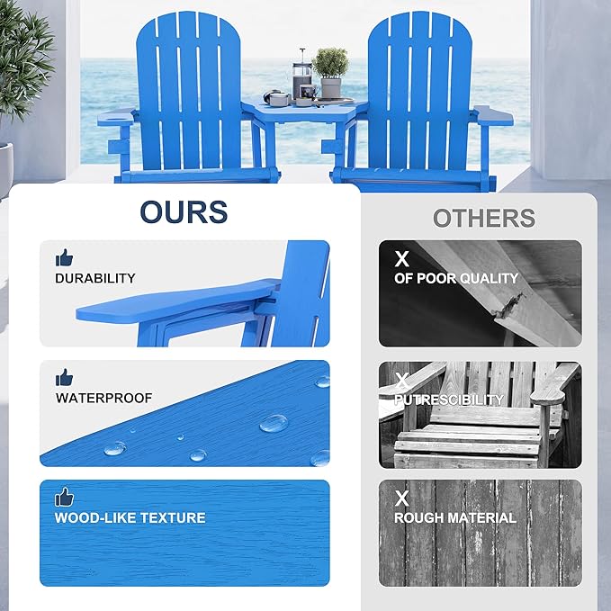 Vongrasig Adirondack Chairs Set of 2 with Removable Tabletop, Outdoor HDPE Plastic Fire Pit Chair Set with Wooden Textured, Cup Holder for Patio, Poolside, Deck, Garden, Light Blue, 3 Pieces