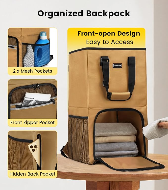 Vorspack Laundry Backpack with Shoulder Straps, Extra Large Hamper, Kahki | Heavy Duty 2 in 1 Laundry Basket, Structured Square Base, Portable Hamper for College Dorm Camp Laundromat Apartment Travel