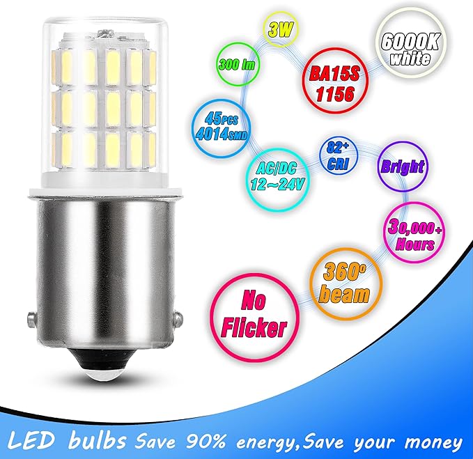 Heifymi 1156 1141 1003 7506 BA15S LED Bulb,12V-24V for RV Camper Interior Dome Exterior Porch Light Outdoor Landscape Lighting,Super White 6000K, 2 Pack