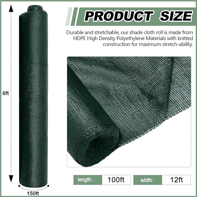 12 x 100 ft Green Shade Cloth Roll for Covering Garden 90% Mesh UV Resistant Net with Ties for Patio Outdoor Greenhouse Fence Flower Plant Cover Canopy