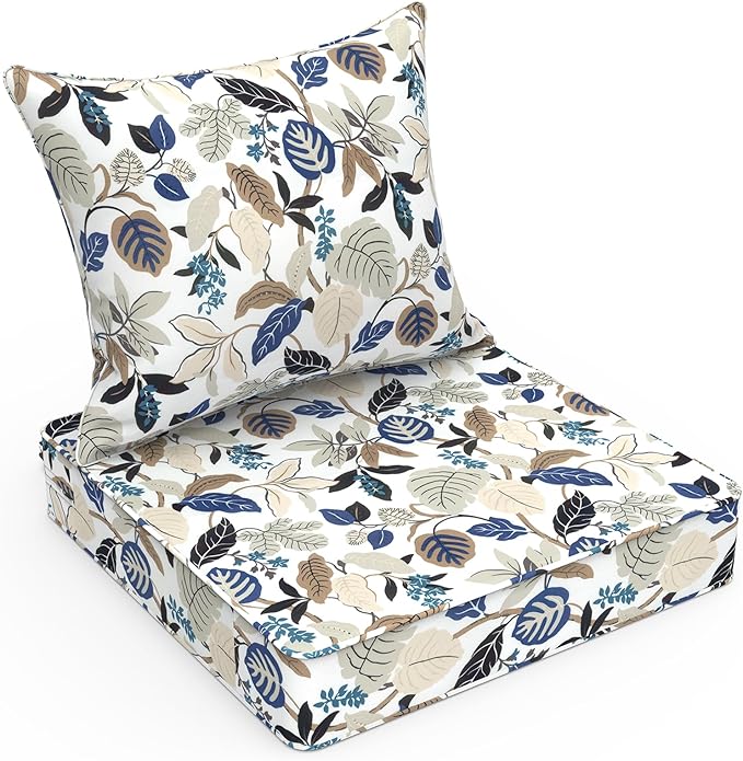 LVTXIII Outdoor Deep Seat Cushion Patio Seat and Back Cushion Set Seasonal Chair Cushion with Removable Cover and Adjustable Buckle for Home and Garden, 22"x22"x4", Breeze Leaves Beige