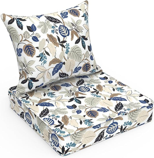 LVTXIII Outdoor Deep Seat Cushion Patio Seat and Back Cushion Set Seasonal Chair Cushion with Removable Cover and Adjustable Buckle for Home and Garden, 22"x22"x4", Breeze Leaves Beige