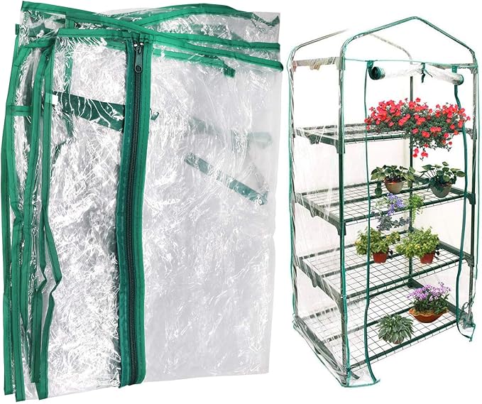 Mini Greenhouse Transparent PVC Cover Portable Small Greenhouses Cover wih Roll-Up Zipper Door, Waterproof Garden Green House Tent(Iron Stand not Include)