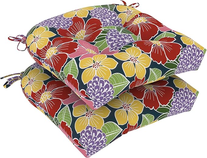 DYTXIII Set of 2 Outdoor Chair Cushions 19"x19"x4", Water Repellent Tufted Patio Seat Cushions with Ties, Thick Replacement Pads for Wicker Dining Chairs, Patio Furniture, Flower Bloom