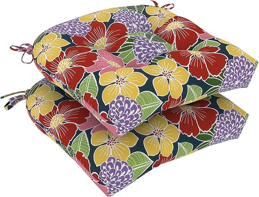 DYTXIII Set of 2 Outdoor Chair Cushions 19"x19"x4", Water Repellent Tufted Patio Seat Cushions with Ties, Thick Replacement Pads for Wicker Dining Chairs, Patio Furniture, Flower Bloom