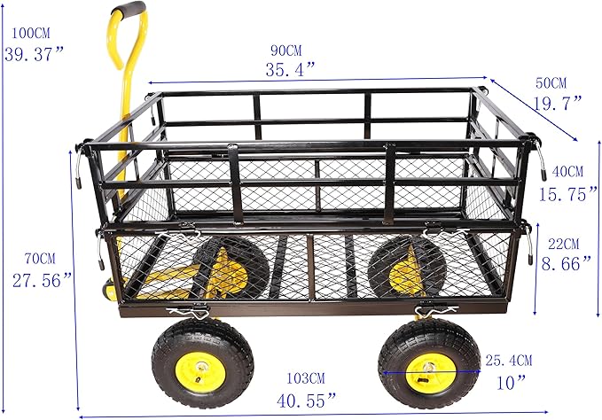 Steel Garden Cart 600 lbs Capacity Heavy Duty Garden Wagons,with Removable Steel Mesh Sides to Convert into Flatbed,Utility Metal Wagon w/ 180°Rotating Handle (Yellow-Pneumatic-Double Height)