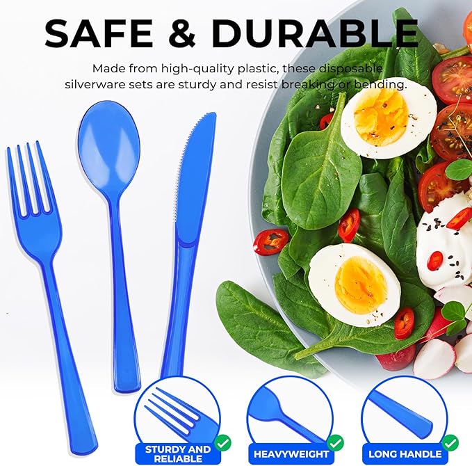 75 PCS Plastic Silverware Disposable Silverware Heavy Duty Utensil Sets 25 Of Each Forks Knives & Spoons Disposable Cutlery Set For Easter,Birthday,Baby Shower,Garden Party,Wedding(75,Blue)