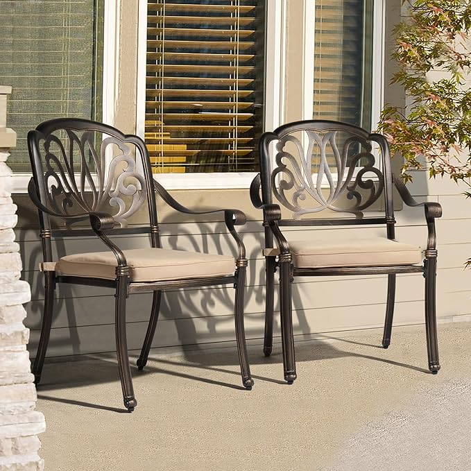 VINGLI Outdoor Dining Chairs Set of 4 with Cushion Aluminum Patio Chairs, Cast Aluminum Patio Furniture Aluminum Outdoor Chairs for Backyard, Poolside, Balcony Bronze (4, Elizabeth Back with Cushion)