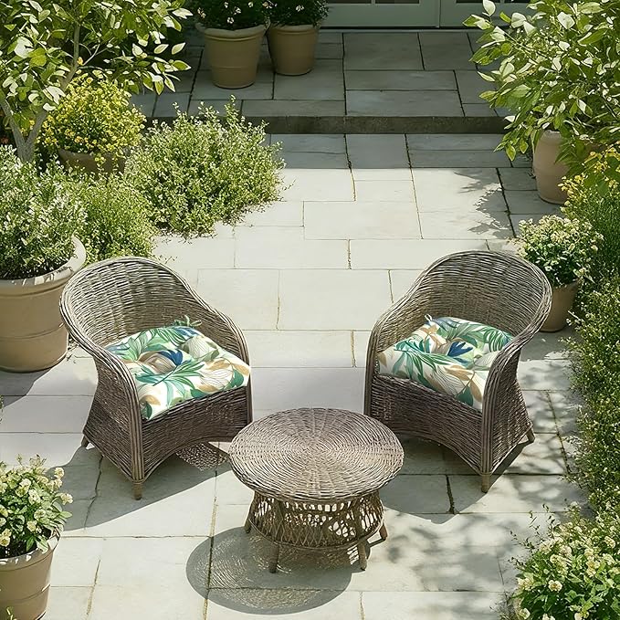 DYTXIII Set of 2 Outdoor Chair Cushions 19"x19"x4", Water Repellent Tufted Patio Seat Cushions with Ties, Thick Replacement Pads for Wicker Dining Chairs, Patio Furniture, Lush Leaf Green