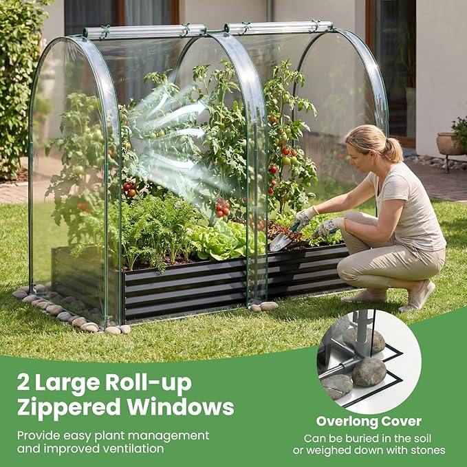 Giantex Galvanized Raised Garden Bed with Greenhouse Cover, 6x3x1 FT Outdoor Metal Oval Tall Planter Box with 2 Roll-up Windows, Clear PVC Mini Greenhouse for Vegetables Flowers Herbs Patio (Black)
