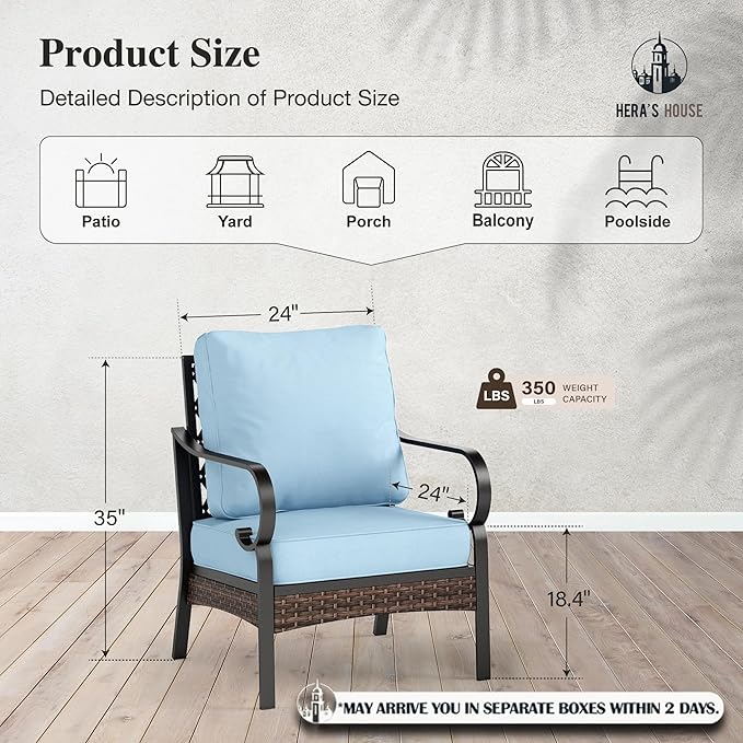 HERA'S HOUSE Patio Chairs Set of 2, High Back Outdoor Dining Chairs with Thick Cushions, All Weather Metal Frame Furniture for Garden, Backyard, Deck, Blue