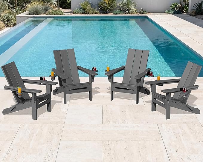 SERWALL Modern Folding Adirondack Chair Set 4, Outdoor, Relaxing, Grey, Polyethylene, Wood Finish, Arm Rest, Cup Holders