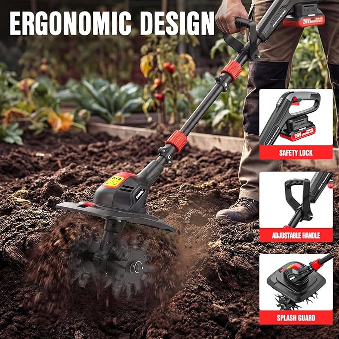 EWORK 20V Cordless Tiller Cultivator with 2×2.0Ah Batteries & Fast Charger,9" Width 7" Depth Electric Garden Rototiller for Yard Lawn Soil Cultivation