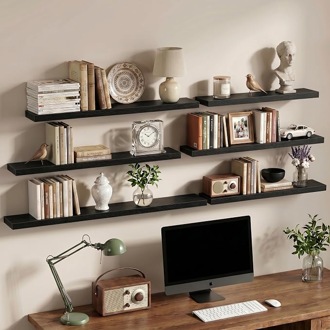 Vivelove 16 Inch Floating Shelves Wall Mounted for Display, 6.5 Deep Duty Shelves with Invisible Brackets for Living Room,Bedroom,Kitchen, Bathroom Storage & Decor,16" Wx6.5 Dx1.4 H - Black