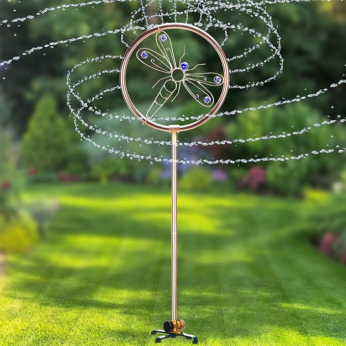 34" Tall Copper-Coated Stainless Steel Garden Sprinkler, 360° Rotating Decorative Ornamental Sprinkler for Lawn, Yard & Landscape Watering (Dragonfly)